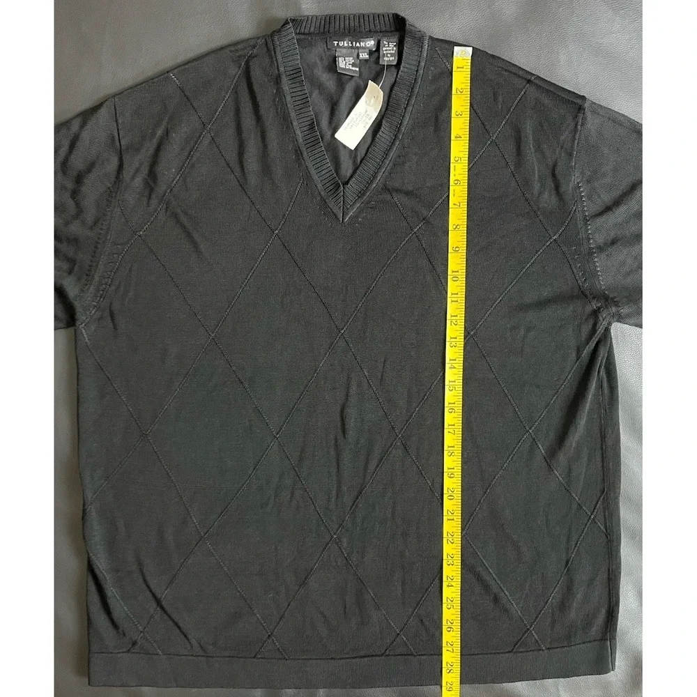 Vintage 90s Tulliano Men's XXL V-Neck Sweater Black Argyle Texture Old Money NWT